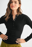 Essential Long-Sleeved Micro-Ribbed Henley Top: Black / S:M:L (2:2:2)