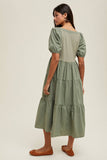PUFF SLEEVE BUTTON-UP MIDI DRESS / WL25-10536: OLIVE / S