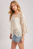 BOHO SHEER CROCHET 3/4 SLEEVED TOP WITH NO LINING: NATURAL / S