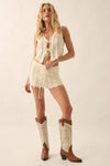 Pointelle Crochet-Knit Tie-Front Tank Top: CREAM / S