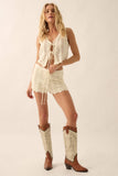 Pointelle Crochet-Knit Tie-Front Tank Top: CREAM / S