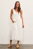 BASQUE WAIST FRAYED EDGE TIERED DRESS: OFF WHITE / M