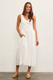 BASQUE WAIST FRAYED EDGE TIERED DRESS: OFF WHITE / S