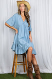 V-Neck 100%Tencel Chambray Tiered Dress VD81038A: Light Denim / S