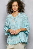 V-neck Short Sleeve Floral Embroidered Crochet Blouse Top: OFF WHITE / Os