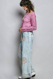 Floral Patchwork Rolled-up Denim Straight Pants: DENIM / L