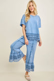 Mineral Washed Delicate lace trim hem Cropped Pants HP7236: HotCocoa / S-M-L / 2-2-2