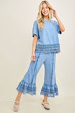 Mineral Washed Delicate lace trim hem Cropped Pants HP7236: HotCocoa / S-M-L / 2-2-2