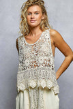 Round Neck Sleeveless Crochet Scalloped Opening Top: NATURAL / Os