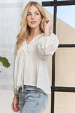 CET3887 - SOLID LONG SLEEVES TOP WITH EYELET: Beige / S-M-L(2-2-2)