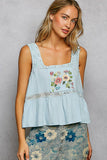 Double Gauze Floral Shirring Square Neck Sleeveless Top: INK NAVY / S