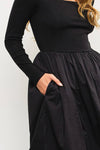 SQUARE NECK LONG SLEEVE SHIRRED WAIST LONG DRESS: IRON / M