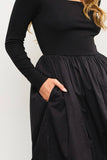 SQUARE NECK LONG SLEEVE SHIRRED WAIST LONG DRESS: IRON / M