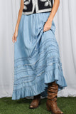 Ruffle Frayed Hem Chambray Casual Western Maxi Skirt VS83151: Washed Denim / S