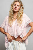 Lace Trim V Ruffle Detail Textured Woven Short Sleeve Top: PALE BLUE / S