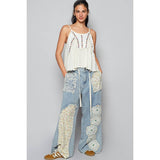 Drawstring floral patch denim pants: DENIM / S