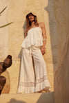 Cotton and Crochet Lace Wide-Leg Ruffle-Hem Pants: OFF WHITE / S