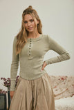 WASHED LONG SLEEVE RIBBED HENLEY KNIT TOP: LIGHT OLIVE