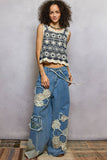 Floral Embroidered Patches Butterfly Patchwork Woven Pants: BLACK STRIPED MULTI / L