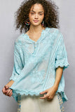 V-neck Short Sleeve Floral Embroidered Crochet Blouse Top: OFF WHITE / Os