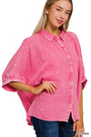 Washed Double Gauze Button Down Half Sleeve Shirt: DUSTY TEAL / 3-3 (S/M-L/XL)