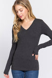 Basic Solid Long Sleeve V Neck Top: DEEP JUNGLE / 2-2-2 (S-M-L)