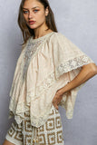 Lace Trim V Ruffle Detail Textured Woven Short Sleeve Top: ALMOND / M