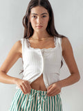 Ribbed Cotton Button-Front Picot Trim Tank: White / S-2/M-2/L-2