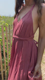Soft red solid wrap tie dress